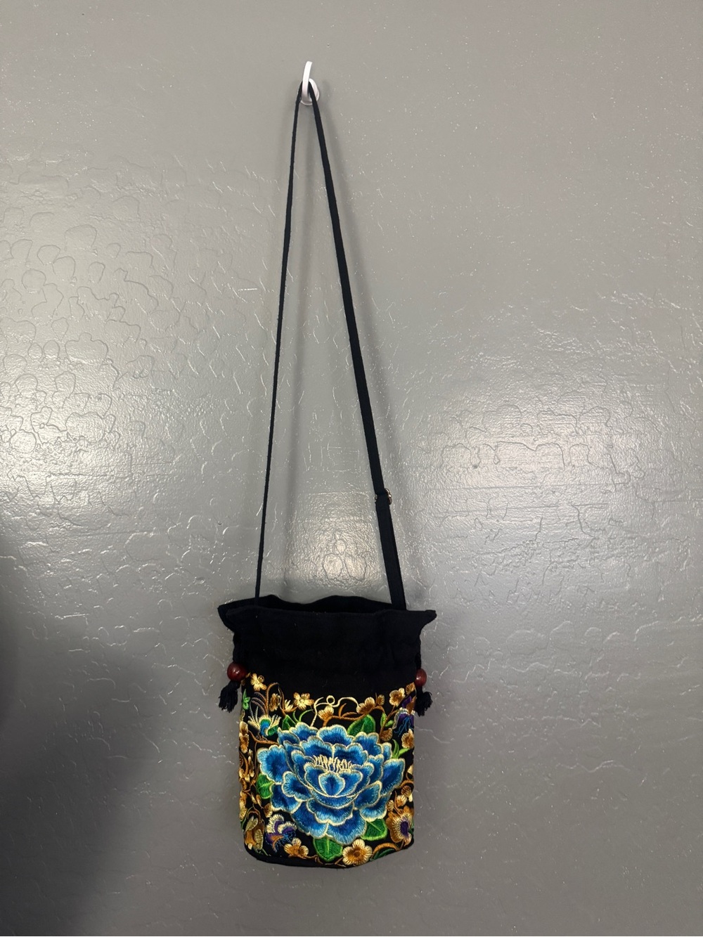 Black Embroidered Floral Drawstring Crossbody Bag